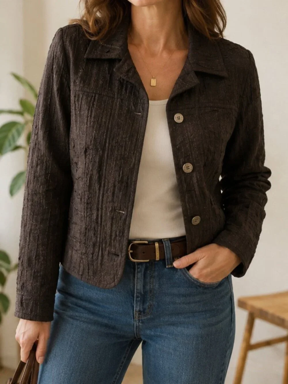 Chico’s Brown Textured Button-Up Jacket | Size 2 (Large) - Picture 1 of 10